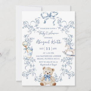  Blue French Toile Baby Shower Boy Invitation