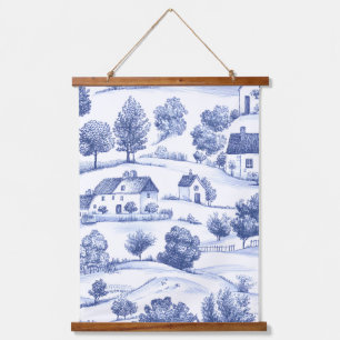 Blue French Toile Countryside Pattern Hanging Tapestry