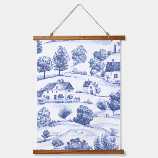 Blue French Toile Countryside Pattern Hanging Tapestry (Front)