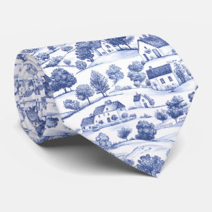 Blue French Toile Countryside Pattern Tie