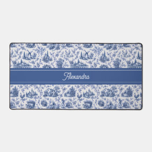 Blue French Toile Countryside Rose Branch Name Desk Mat