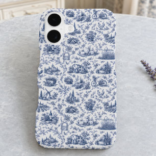 Blue French Toile Countryside Rose Branch Pattern 