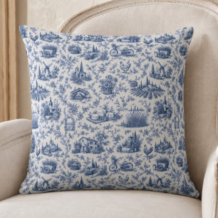 Blue French Toile Countryside Rose Branch Pattern Cushion