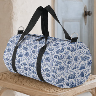Blue French Toile Countryside Rose Branch Pattern Duffle Bag
