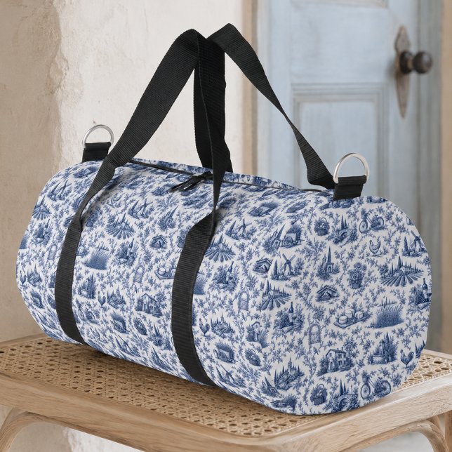 Blue French Toile Countryside Rose Branch Pattern  Duffle Bag (Creator Uploaded)