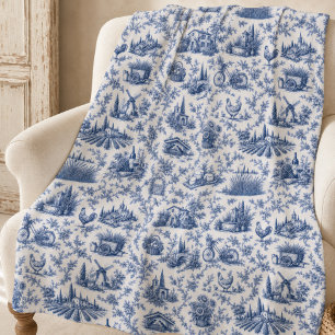 Blue French Toile Countryside Rose Branch Pattern Fleece Blanket