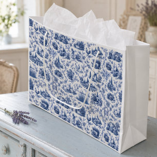 Blue French Toile Countryside Rose Branch Pattern Large Gift Bag
