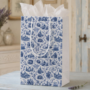 Blue French Toile Countryside Rose Branch Pattern Medium Gift Bag