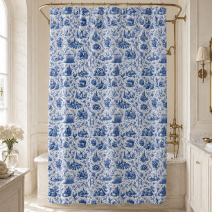 Blue French Toile Countryside Rose Branch Pattern Shower Curtain
