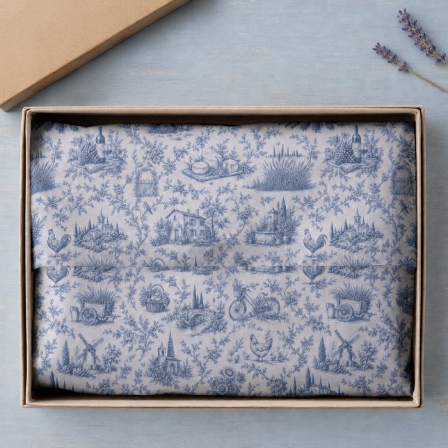 Blue French Toile Countryside Rose Branch Pattern  Tissue Paper (Creator Uploaded)