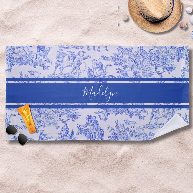 Blue French Toile Custom Name Beach Towel (French Toile Beach Towel with customizable name.)