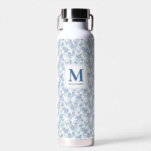Blue French Toile de Jouy Floral Pattern Monogram Water Bottle