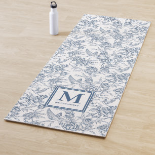 Blue French Toile de Jouy Floral Pattern Monogram Yoga Mat
