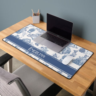 Blue French Toile Dog Lover Workspace Desk Mat