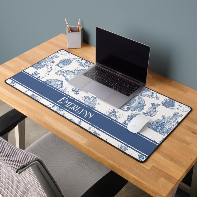 Blue French Toile Dog Lover Workspace Desk Mat (Office 2)