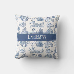 Blue French Toile Dog Monogram Accent Cushion