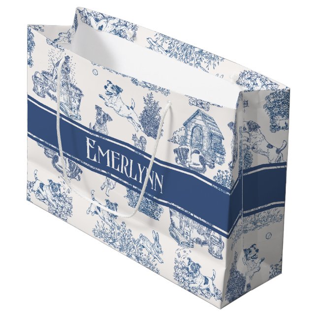Blue French Toile Dog Monogram Large Gift Bag (Front Angled)