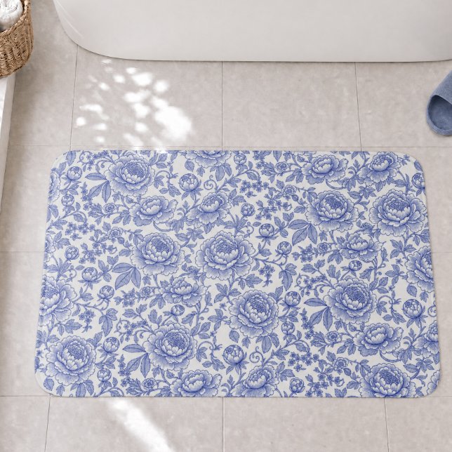 Blue French Toile Floral Pattern Bath Mat (Creator Uploaded)