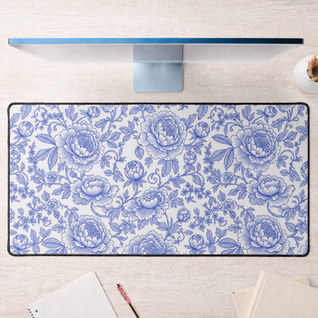 Blue French Toile Floral Pattern Desk Mat (Creator Uploaded)