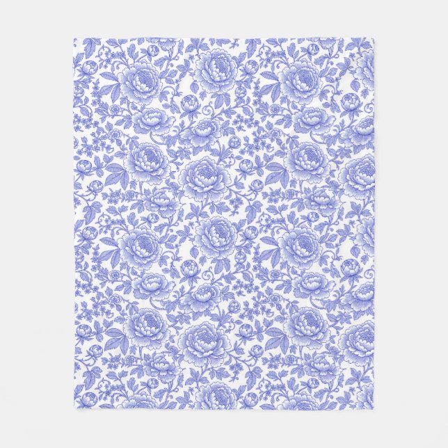 Blue French Toile Floral Pattern Fleece Blanket (Front)