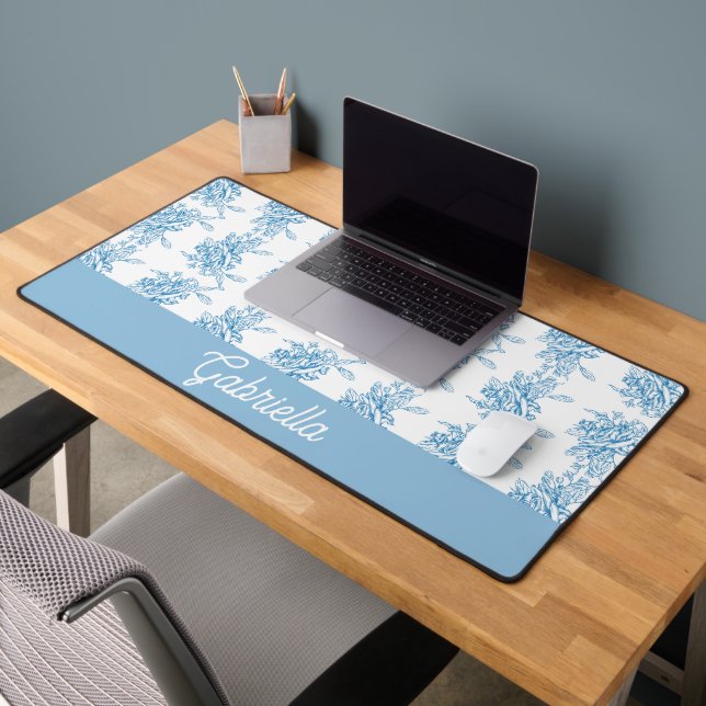 Blue French Toile Floral Pattern Name Desk Mat (Office 2)