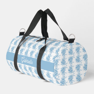 Blue French Toile Floral Pattern Name Duffle Bag