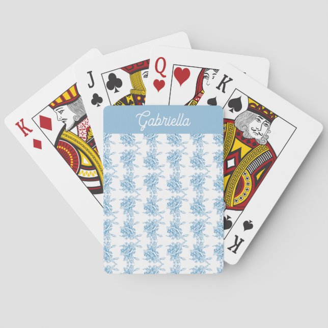 Blue French Toile Floral Pattern Name Playing Cards (Back)