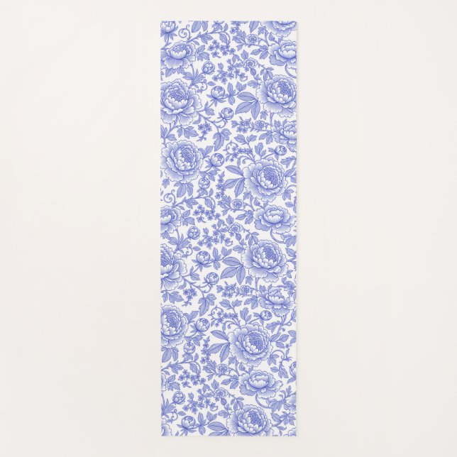 Blue French Toile Floral Pattern Yoga Mat (Front)