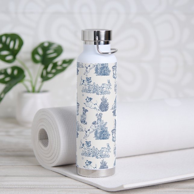 Blue French Toile Jack Russell Dog Lover Pattern Water Bottle (Yoga)