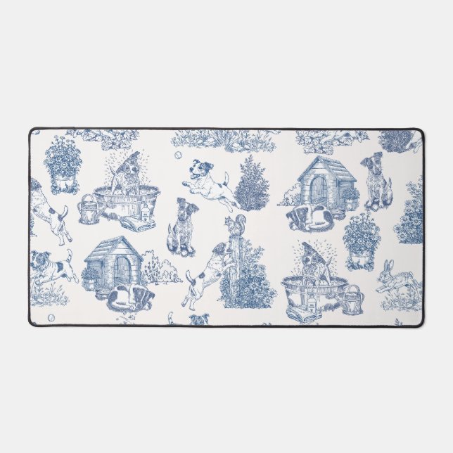 Blue French Toile Jack Russell Workspace Desk Mat (Front)