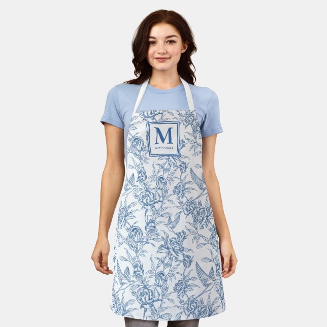 Blue French Toile Monogram Name Apron (Worn)