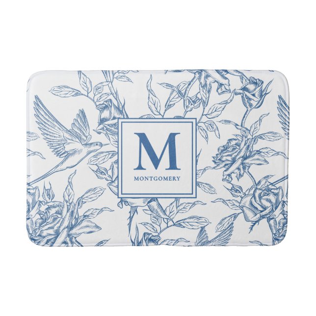 Blue French Toile Monogram Name Bath Mat (Front)