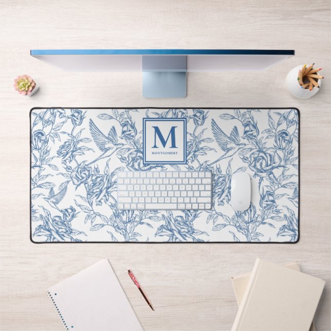 Blue French Toile Monogram Name Desk Mat (Office 1)