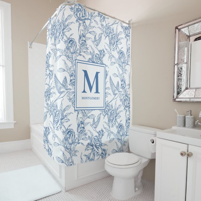 Blue French Toile Monogram Shower Curtain (In Situ)