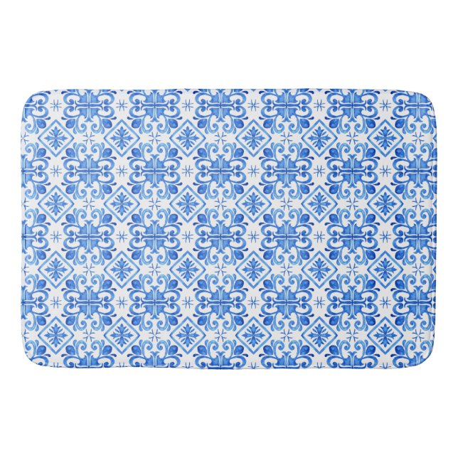 Blue French Toile Pattern Bath Mat (Front)