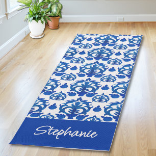 Blue French Toile Pattern Custom Name Yoga Mat