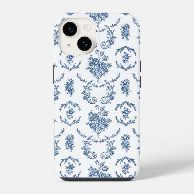 Blue French Toile Pattern Floral iPhone Case (Back)
