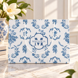 Blue French Toile Pattern Floral Name Monogram Large Gift Bag