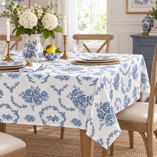 Blue French Toile Pattern Floral Tablecloth (Blue French Toile Pattern Floral)
