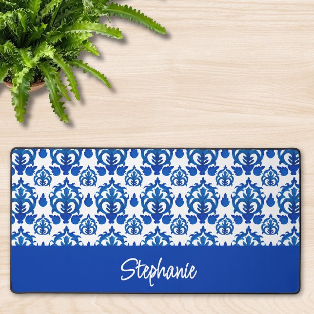 Blue French Toile Pattern Monogram Name Desk Mat (Creator Uploaded)
