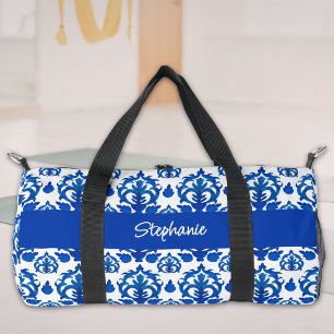 Blue French Toile Pattern Monogram Name Duffle Bag