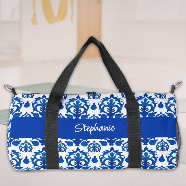 Blue French Toile Pattern Monogram Name Duffle Bag (Creator Uploaded)