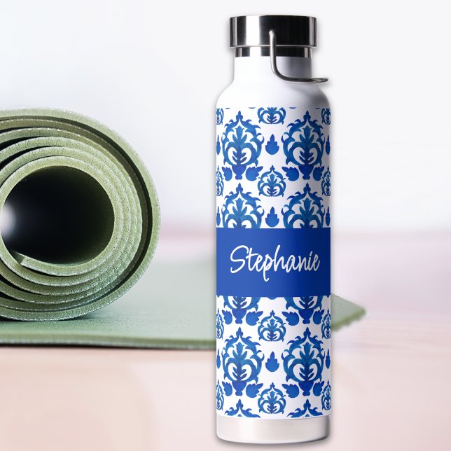 Blue French Toile Pattern Monogram Name Water Bottle (Creator Uploaded)