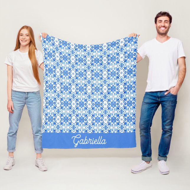 Blue French Toile Pattern Name Fleece Blanket (In Situ)