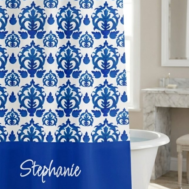 Blue French Toile Pattern Name Monogram Shower Curtain (Creator Uploaded)