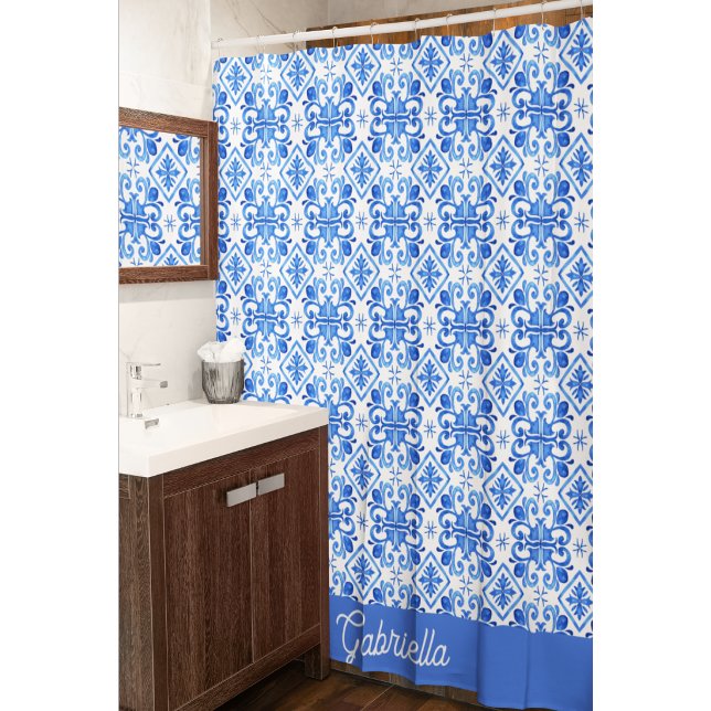 Blue French Toile Pattern Name Shower Curtain (Creator Uploaded)