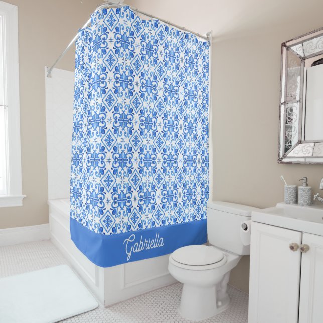 Blue French Toile Pattern Name Shower Curtain (In Situ)