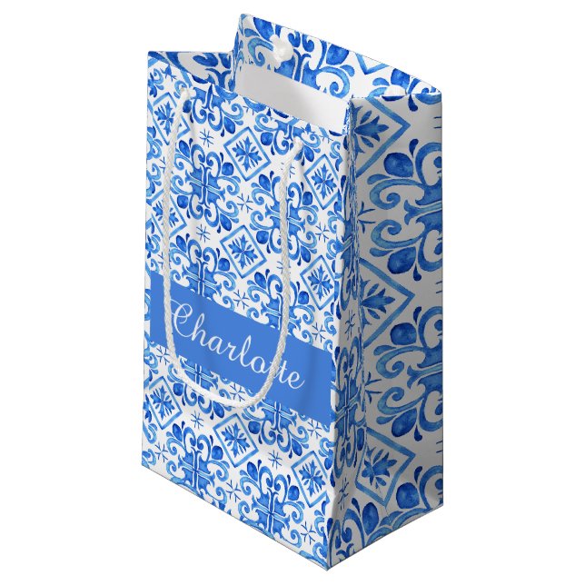 Blue French Toile Pattern name  Small Gift Bag (Front Angled)