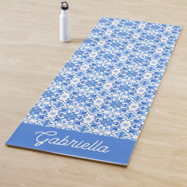 Blue French Toile Pattern Name Yoga Mat (In Situ)