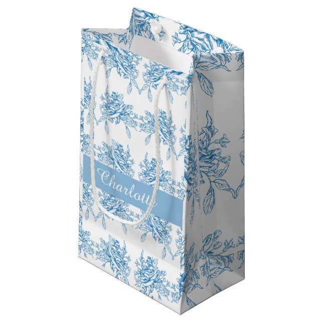 Blue French Toile Pattern Small Gift Bag (Front Angled)
